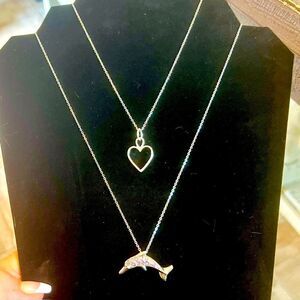 ⚜️ New silver chain necklace w pink rhinestone, dolphin, pendant & heart pendant